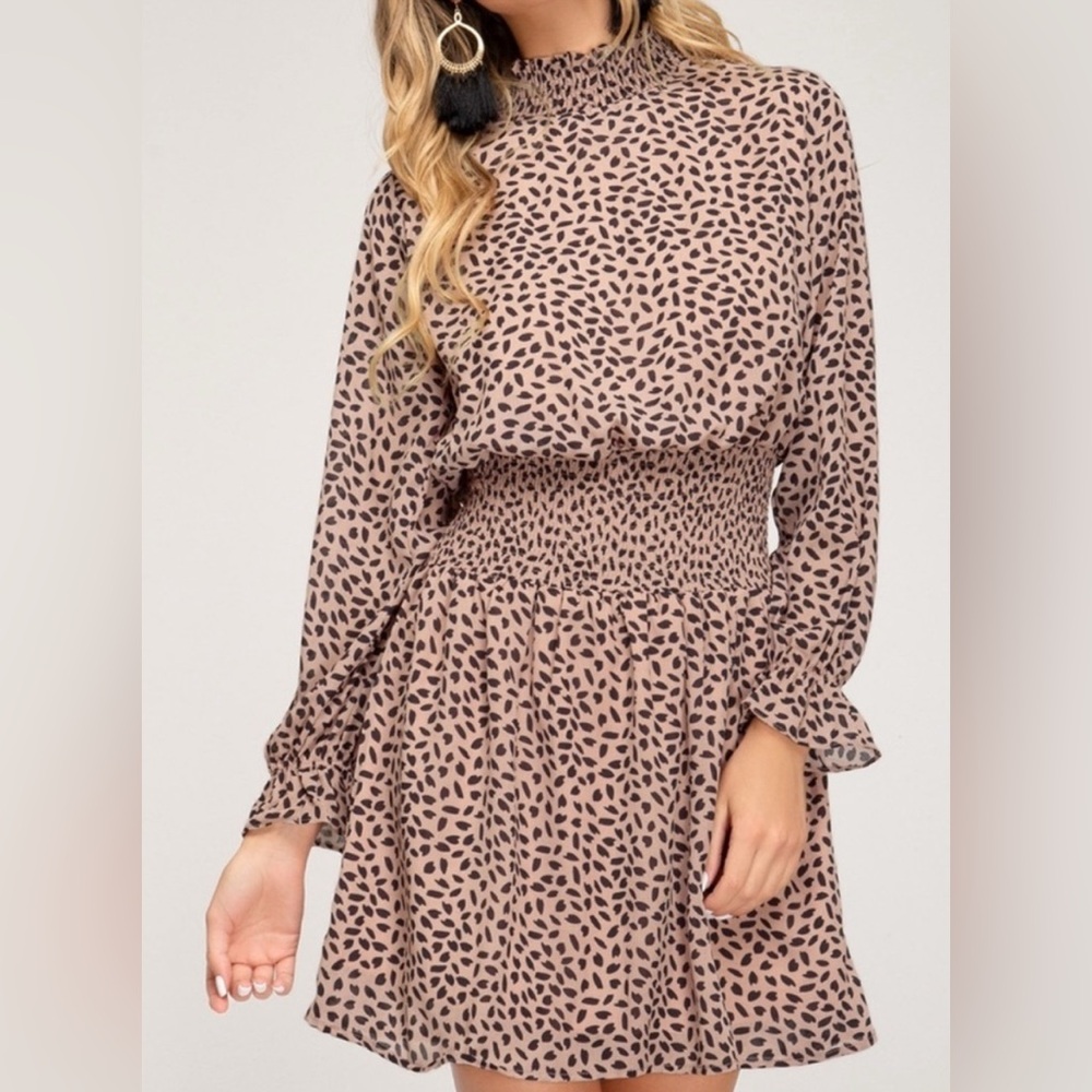 She + Sky Smocked Patterned Long Sleeve Lined Dress, women’s M